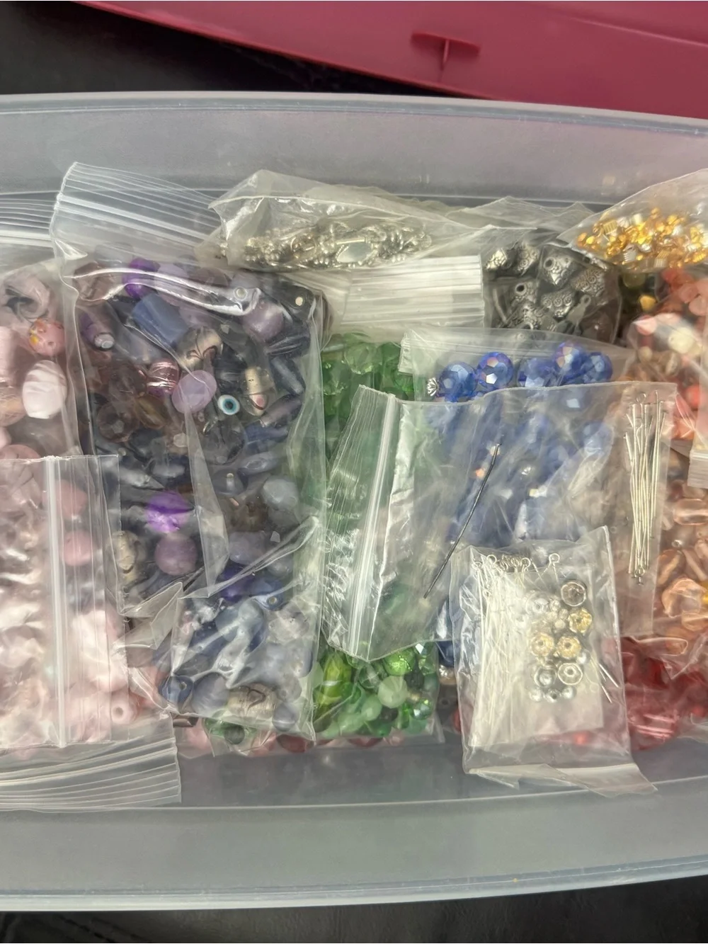 Clear Multi-Compartment Craft Storage Box - Pink Latch fully jeweled